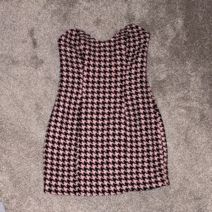 MAJORELLE Strapless Houndstooth Mini Dress in Pink and Black